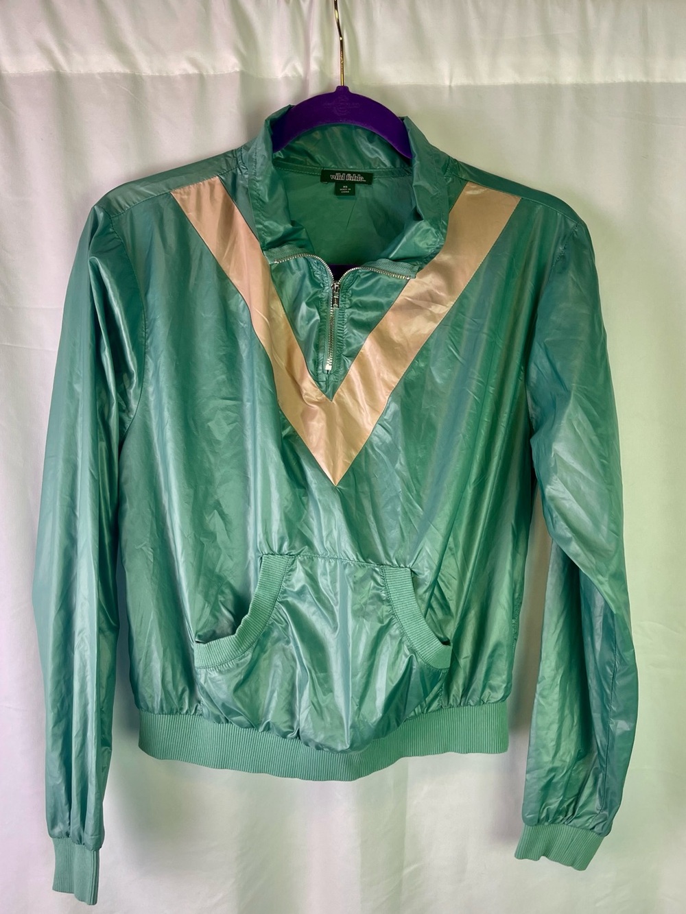 Wild Fable Mint Green Pullover Bomber Jacket with Cream V-Stripe